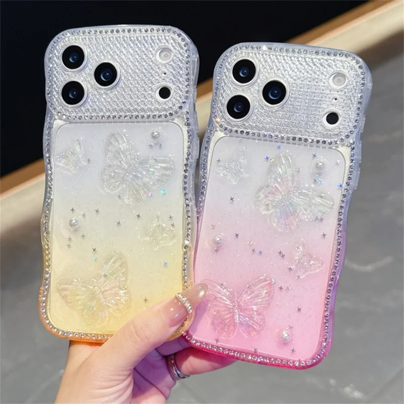 For iPhone 17 Pro Max Case Epoxy Butterfly Design Rhinestone Decor Gradient Shockproof TPU Phone Cover - White  /  Pink