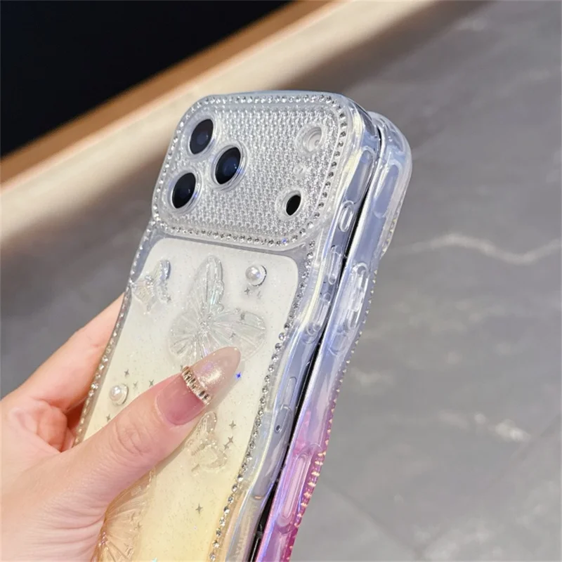 For iPhone 17 Pro Max Case Epoxy Butterfly Design Rhinestone Decor Gradient Shockproof TPU Phone Cover - White  /  Pink