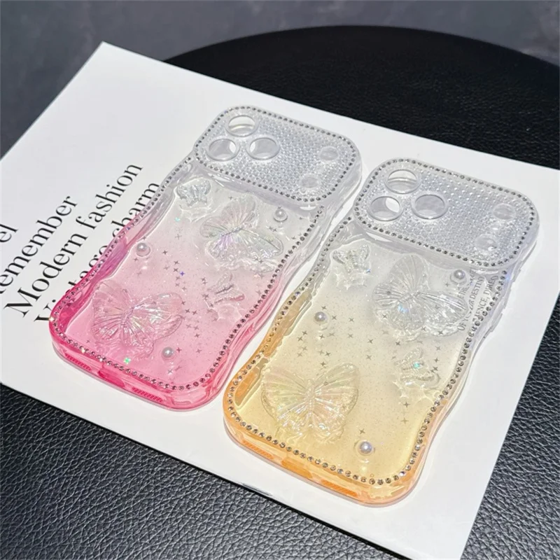 For iPhone 17 Pro Max Case Epoxy Butterfly Design Rhinestone Decor Gradient Shockproof TPU Phone Cover - White  /  Pink