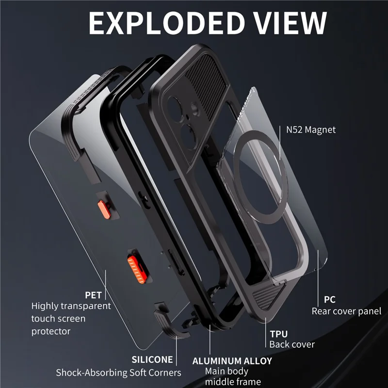 SHELLBOX Serie GTM per iPhone 17 Custodia Magnetica IP68 Impermeabile con Telaio in Metallo TPU PC Cover Subacquea