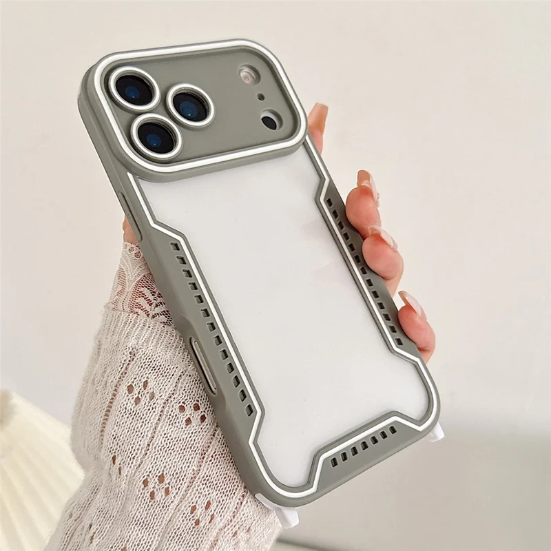 Für iPhone 17 Pro Hülle Kontrastfarbene Epoxidharz-PC + TPU-Handyhülle mit 6 abnehmbaren Eckschutzkappen - Grau