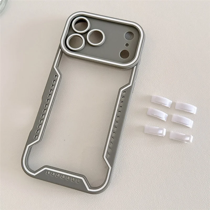 Für iPhone 17 Pro Hülle Kontrastfarbene Epoxidharz-PC + TPU-Handyhülle mit 6 abnehmbaren Eckschutzkappen - Grau