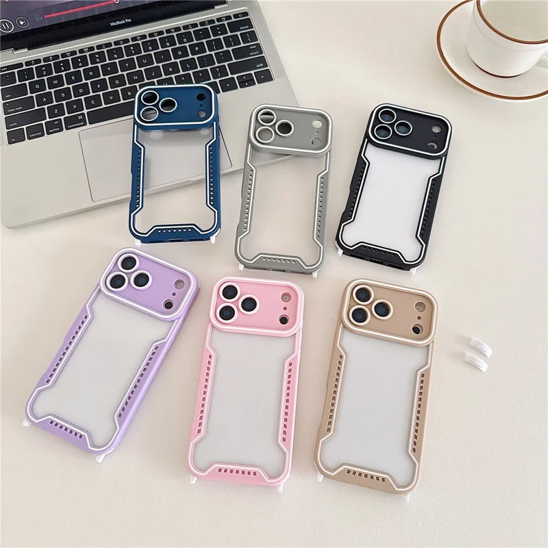 Für iPhone 17 Pro Hülle Kontrastfarbene Epoxidharz-PC + TPU-Handyhülle mit 6 abnehmbaren Eckschutzkappen - Grau