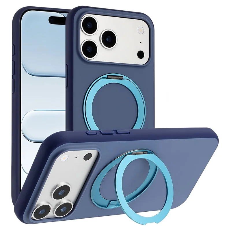 For iPhone 17 Pro Max Magnetic Case Rotary Kickstand Skin Touch PC + TPU Phone Cover Support Wireless Charging - Dark Blue