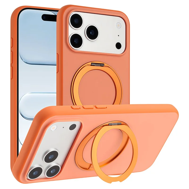 For iPhone 17 Pro Magnetic Case Rotary Kickstand Skin Touch PC + TPU Phone Cover Support Wireless Charging - Orange