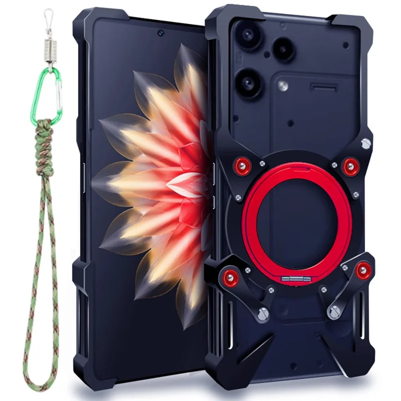 For Nothing Phone (3a) Lite 5G Bumper Case Kickstand Aluminum Alloy Magnetic Phone Cover with Wrist Strap - Black