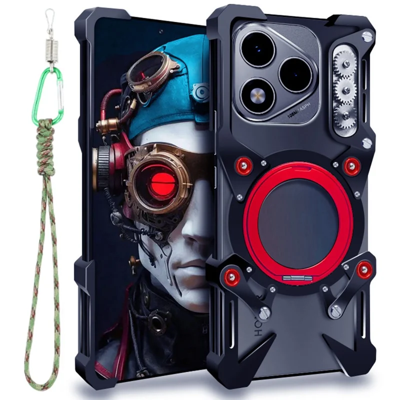 For Honor 400 Lite 5G Bumper Case Kickstand Aluminum Alloy Magnetic Phone Cover with Wrist Strap - Black
