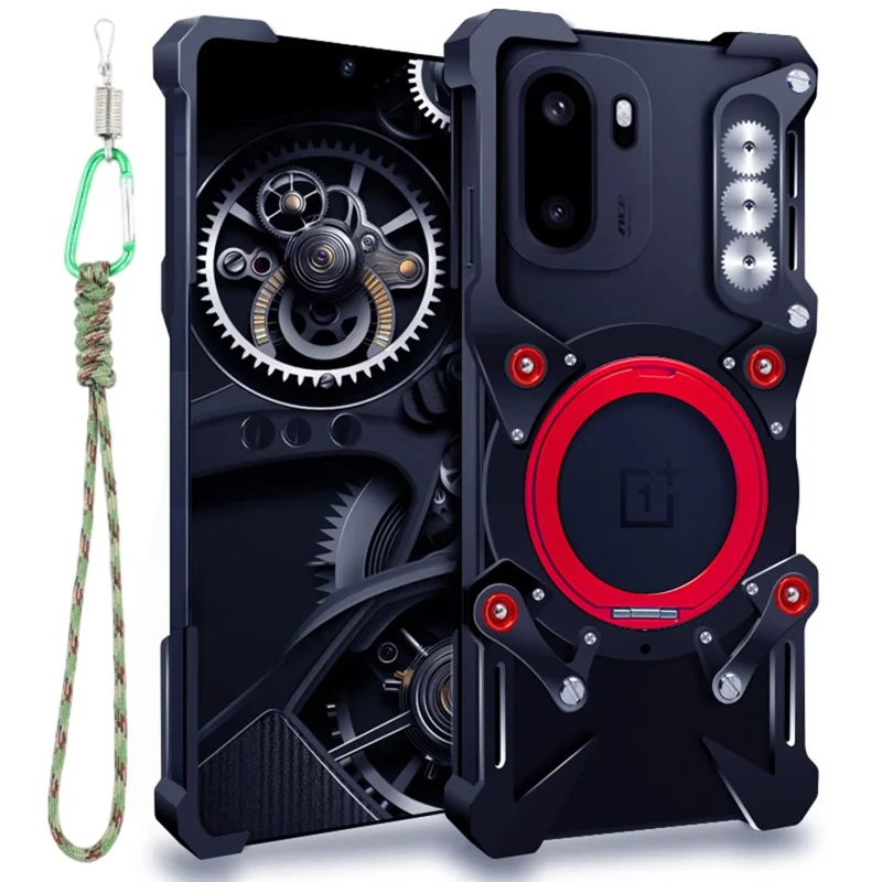 Bumper Case For OnePlus Ace 6 5G  /  Ace 6T 5G  /  Nord 5 5G  /  Nord CE5 5G  /  Ace 5 Ultra 5G Kickstand Aluminum Alloy Magnetic Phone Cover with Wrist Strap - Black