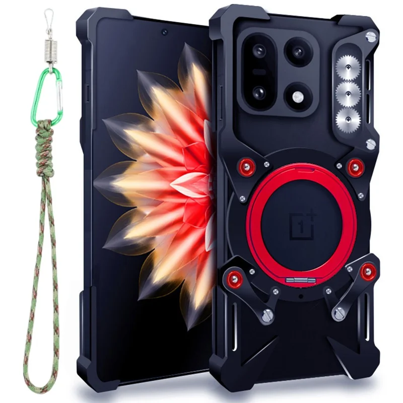 For OnePlus 15 5G Bumper Case Kickstand Aluminum Alloy Magnetic Phone Cover with Wrist Strap - Black