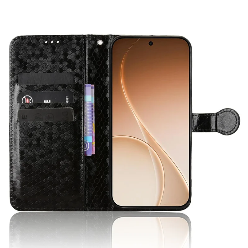 For Oppo Reno15 Pro 5G (Global) / Reno15 5G (China) Wallet Case Dot Pattern Imprint PU Leather Phone Cover with Wrist Strap - Black