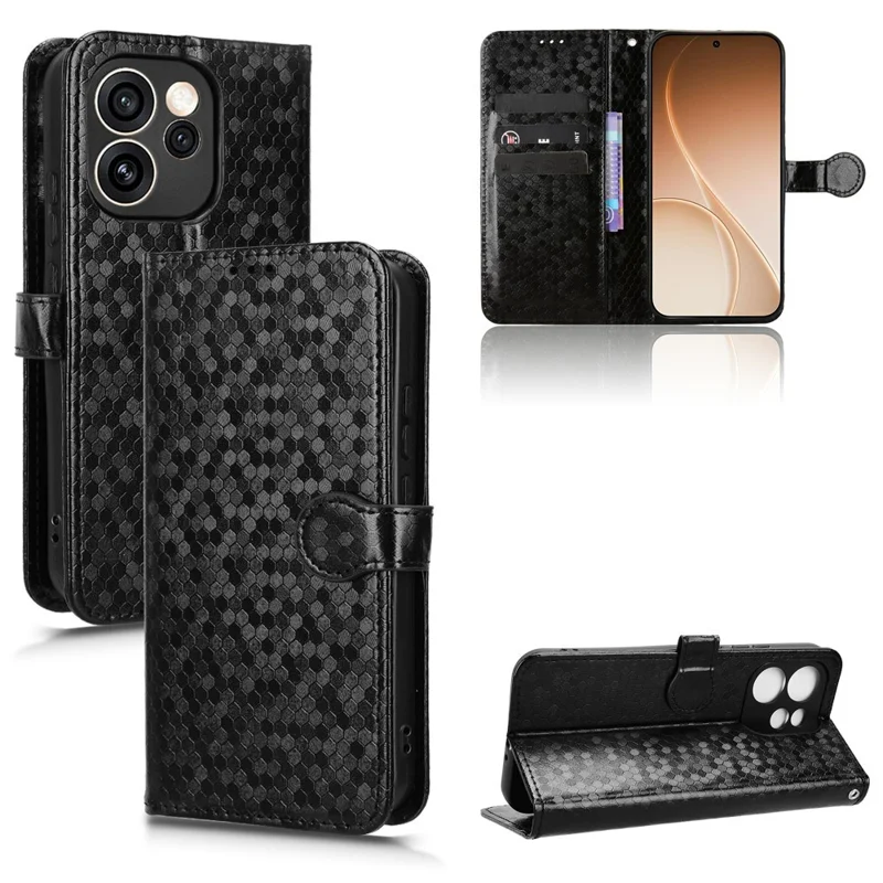 For Oppo Reno15 Pro 5G (Global) / Reno15 5G (China) Wallet Case Dot Pattern Imprint PU Leather Phone Cover with Wrist Strap - Black