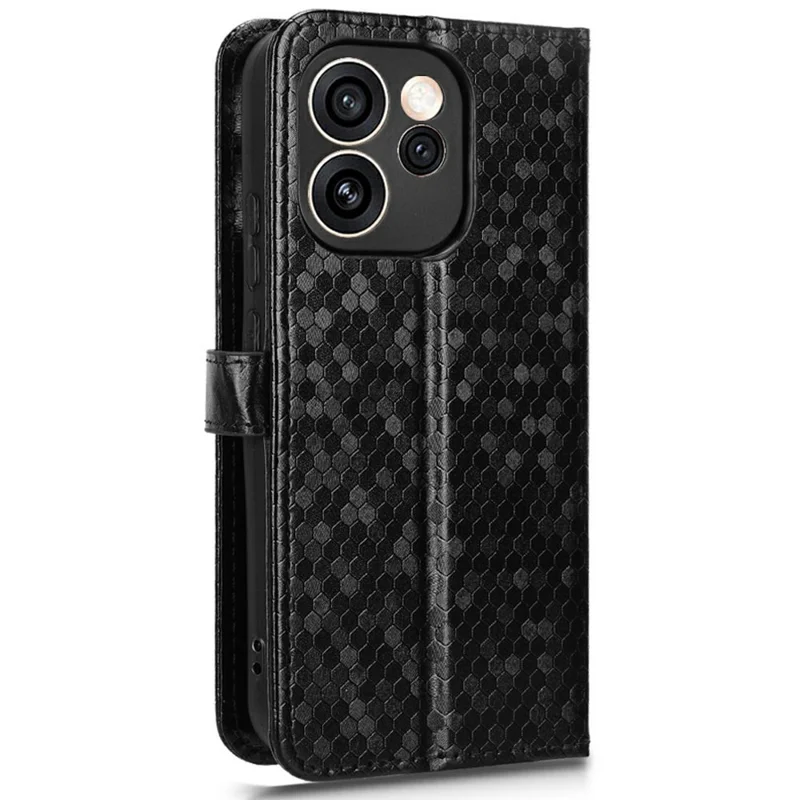 For Oppo Reno15 Pro 5G (Global) / Reno15 5G (China) Wallet Case Dot Pattern Imprint PU Leather Phone Cover with Wrist Strap - Black