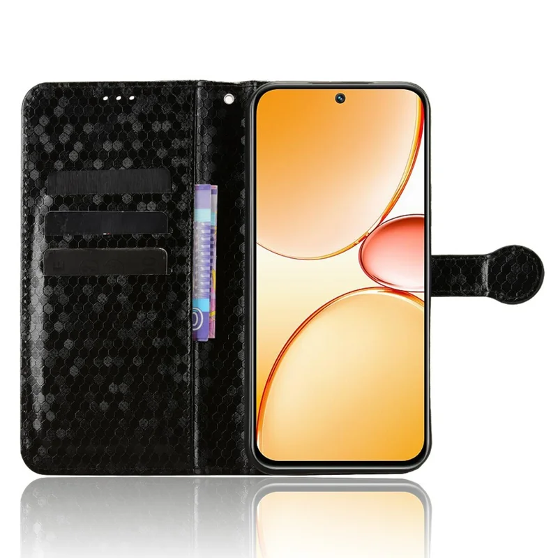 For Realme C85 Pro 4G Wallet Case Dot Pattern Imprint PU Leather Phone Cover with Wrist Strap - Black