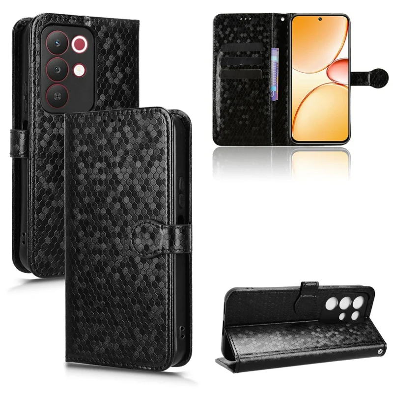 For Realme C85 Pro 4G Wallet Case Dot Pattern Imprint PU Leather Phone Cover with Wrist Strap - Black