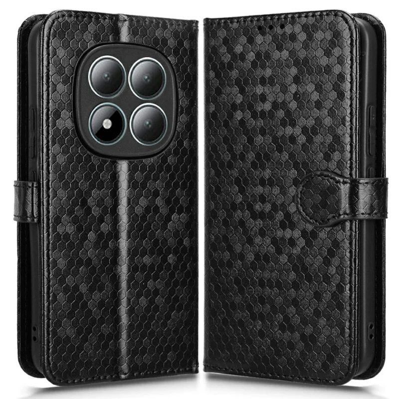 جراب محفظة لهاتف شاومي ريدمي نوت 15 برو 4G (عالمي) بتصميم نقطي من جلد البولي يوريثان الصناعي مع حزام معصم - أسود