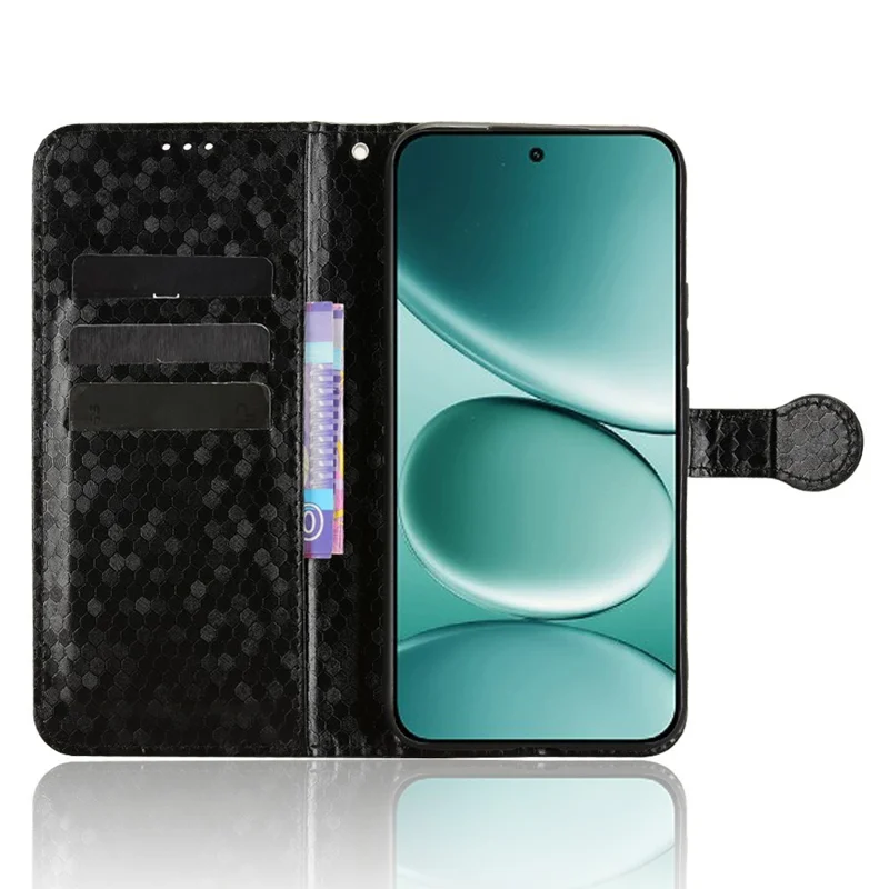 جراب محفظة لهاتف شاومي ريدمي نوت 15 برو 4G (عالمي) بتصميم نقطي من جلد البولي يوريثان الصناعي مع حزام معصم - أسود