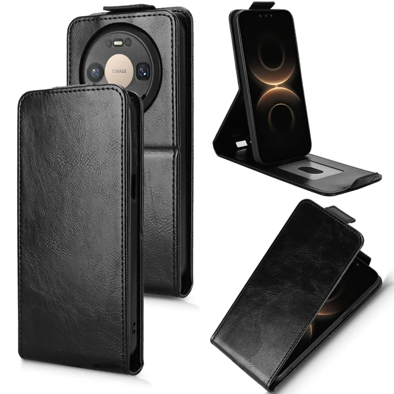 For Huawei Mate 80 / Mate 80 Pro Stand Case Magnetic Clasp Vertical Flip Leather Phone Cover with Card Holder - Black