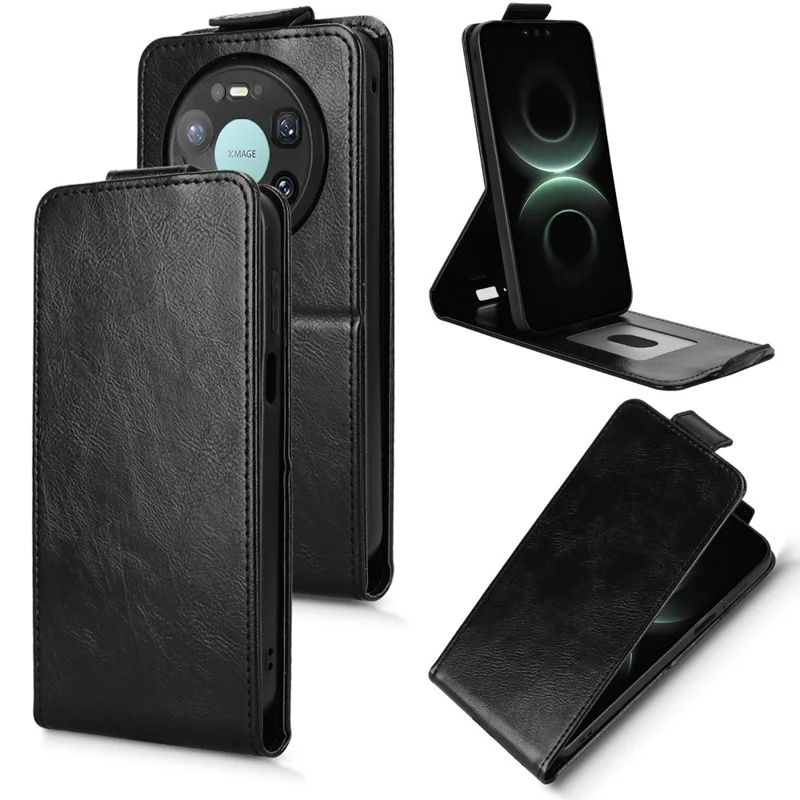 For Huawei Mate 80 Pro Max Stand Case Magnetic Clasp Vertical Flip Leather Phone Cover with Card Holder - Black