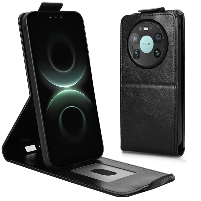 For Huawei Mate 80 Pro Max Stand Case Magnetic Clasp Vertical Flip Leather Phone Cover with Card Holder - Black