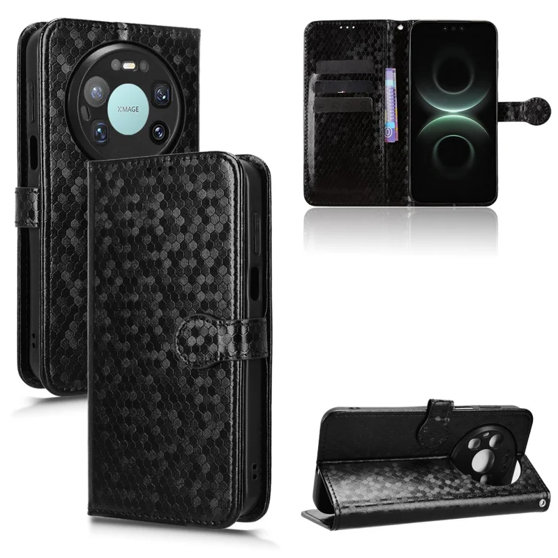 For Huawei Mate 80 Pro Max Wallet Case Dot Pattern Imprint PU Leather Phone Cover with Wrist Strap - Black