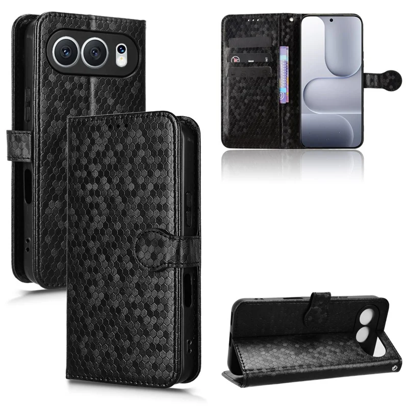 For Honor 500 5G Wallet Case Dot Pattern Imprint PU Leather Phone Cover with Wrist Strap - Black