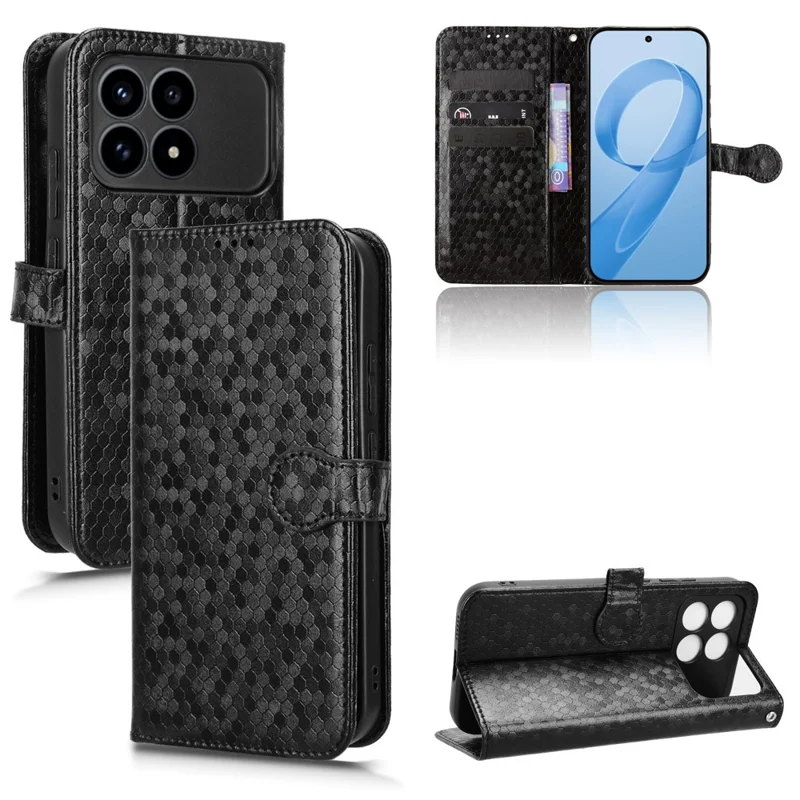 Für Xiaomi Redmi K90 5G / Poco F8 Pro Brieftaschenhülle mit Punkt-Muster-Prägung aus PU-Leder mit Handschlaufe - Schwarz