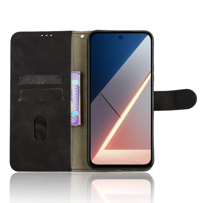 Cover in Pelle per Xiaomi Poco M7 4G (EU) (171mm) con Effetto Tattile della Pelle, Antiurto, Portafoglio con Supporto, Chiusura a Libro - Nero