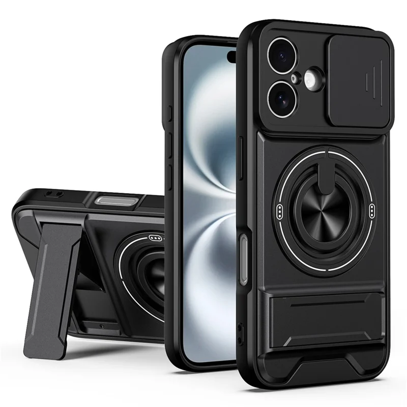 Funda para iPhone 16 Compatible con MagSafe Soporte de Anillo Plegable Funda de Teléfono TPU PC con Obturador de Lente de Cámara - Negro