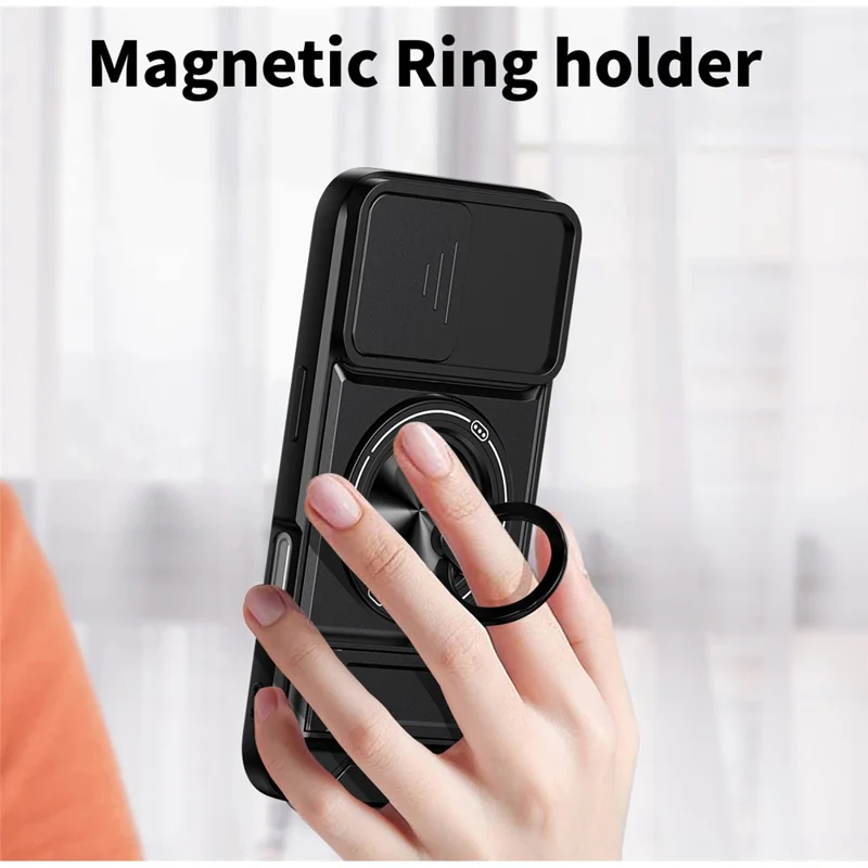 Funda para iPhone 16 Compatible con MagSafe Soporte de Anillo Plegable Funda de Teléfono TPU PC con Obturador de Lente de Cámara - Negro