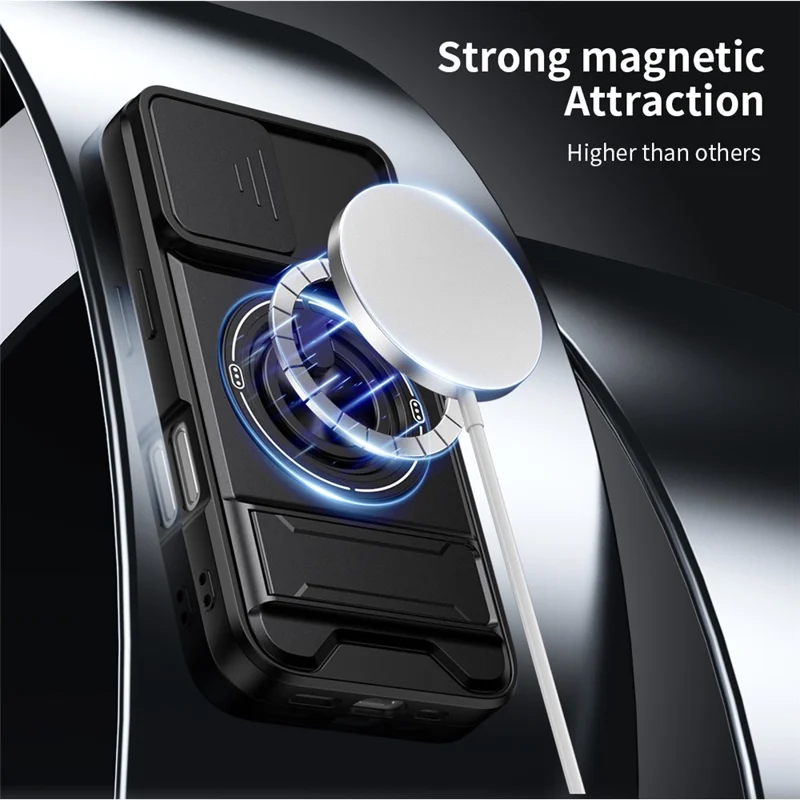 Funda para iPhone 16 Compatible con MagSafe Soporte de Anillo Plegable Funda de Teléfono TPU PC con Obturador de Lente de Cámara - Negro