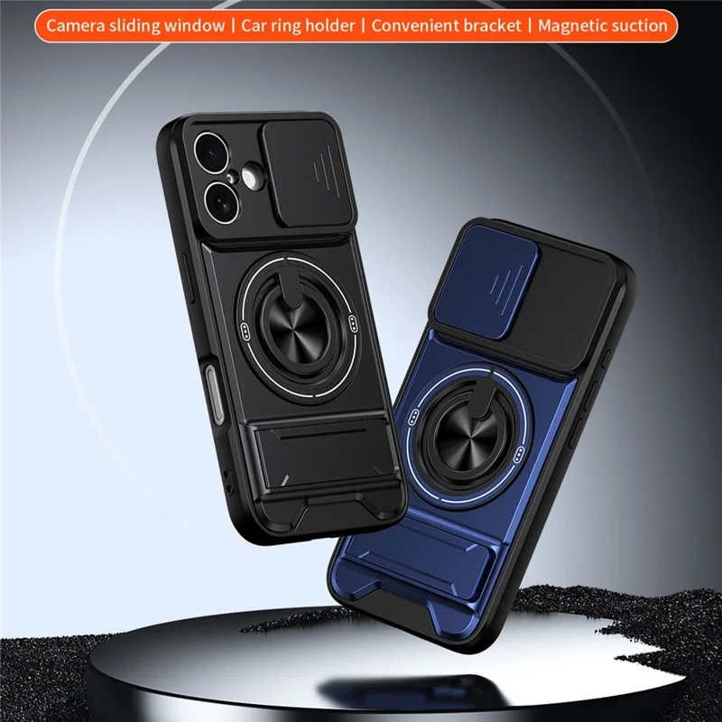 Funda para iPhone 16 Compatible con MagSafe Soporte de Anillo Plegable Funda de Teléfono TPU PC con Obturador de Lente de Cámara - Negro