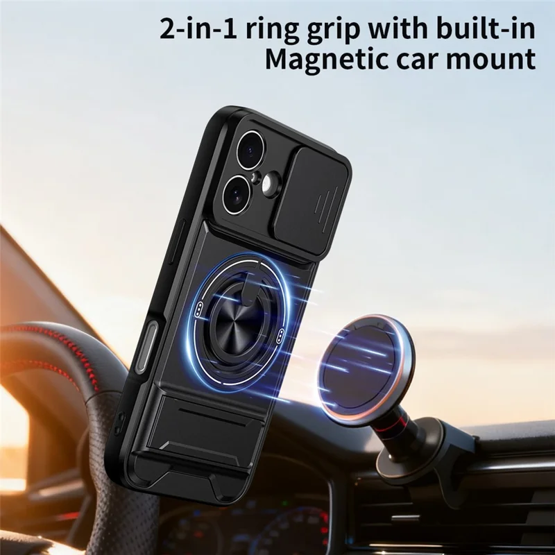 Funda para iPhone 16 Compatible con MagSafe Soporte de Anillo Plegable Funda de Teléfono TPU PC con Obturador de Lente de Cámara - Negro