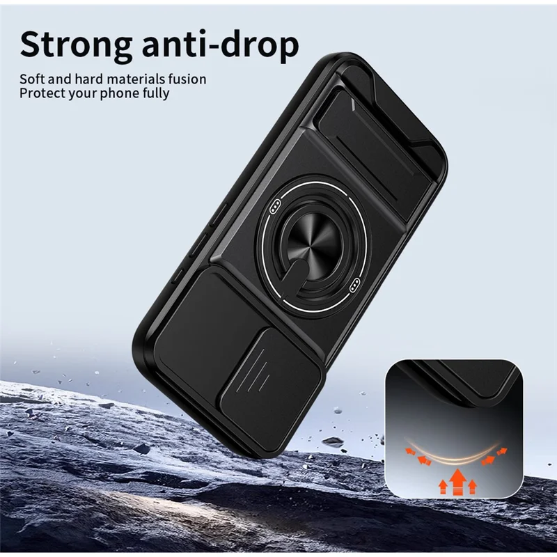 Funda para iPhone 16 Compatible con MagSafe Soporte de Anillo Plegable Funda de Teléfono TPU PC con Obturador de Lente de Cámara - Negro
