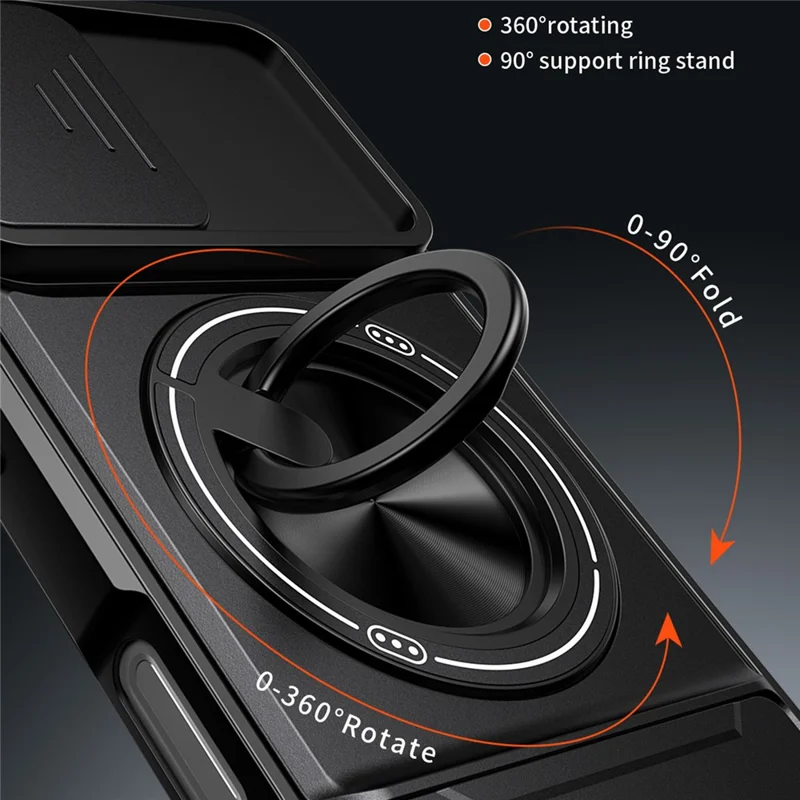 Funda para iPhone 16 Compatible con MagSafe Soporte de Anillo Plegable Funda de Teléfono TPU PC con Obturador de Lente de Cámara - Negro