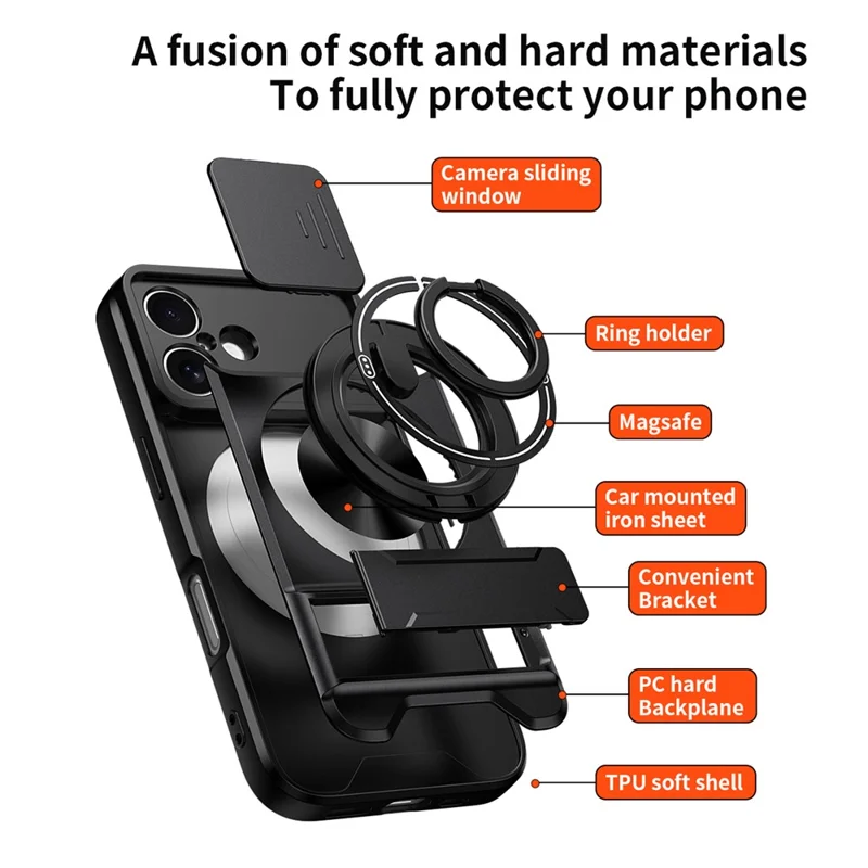 Funda para iPhone 16 Compatible con MagSafe Soporte de Anillo Plegable Funda de Teléfono TPU PC con Obturador de Lente de Cámara - Negro