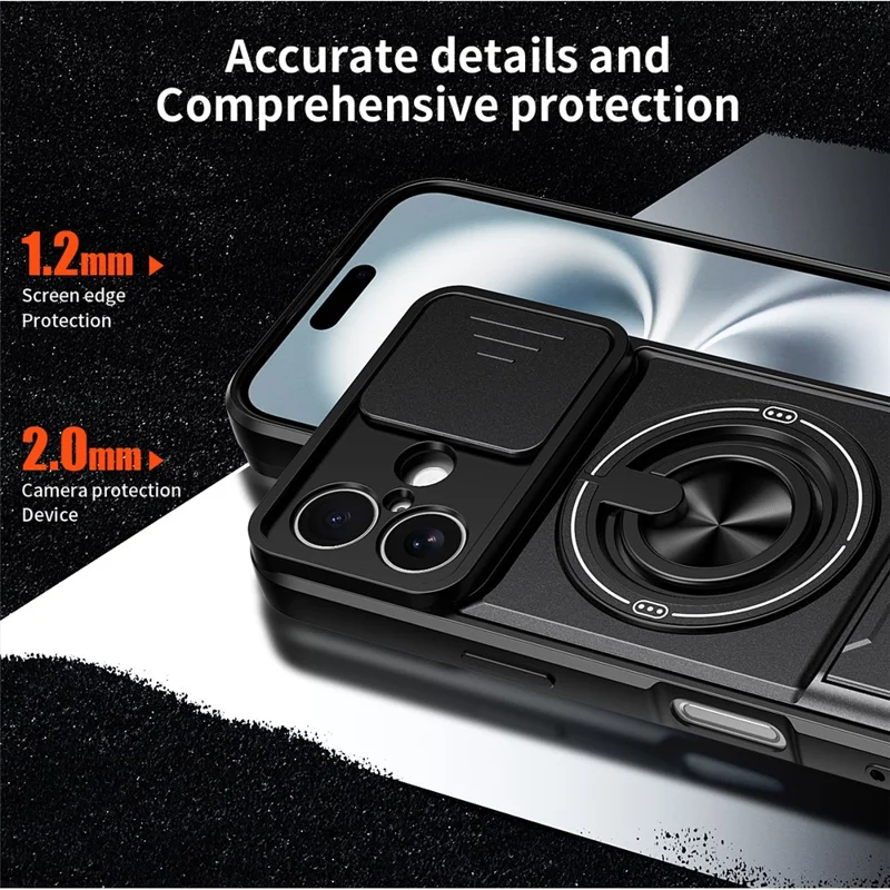 Funda para iPhone 16 Compatible con MagSafe Soporte de Anillo Plegable Funda de Teléfono TPU PC con Obturador de Lente de Cámara - Negro