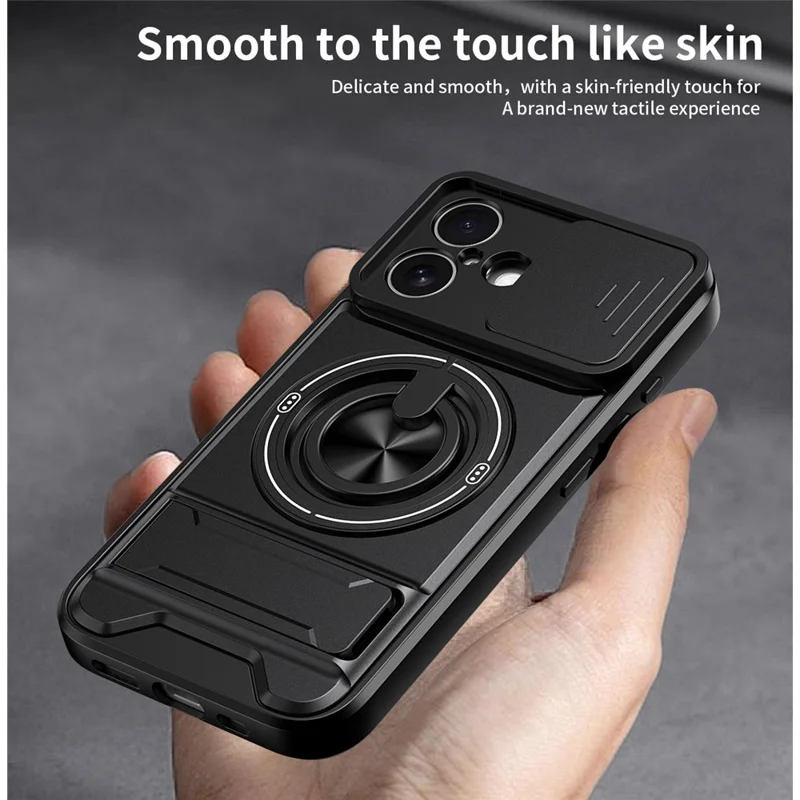 Funda para iPhone 16 Compatible con MagSafe Soporte de Anillo Plegable Funda de Teléfono TPU PC con Obturador de Lente de Cámara - Negro