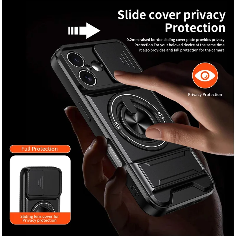 Funda para iPhone 16 Compatible con MagSafe Soporte de Anillo Plegable Funda de Teléfono TPU PC con Obturador de Lente de Cámara - Negro