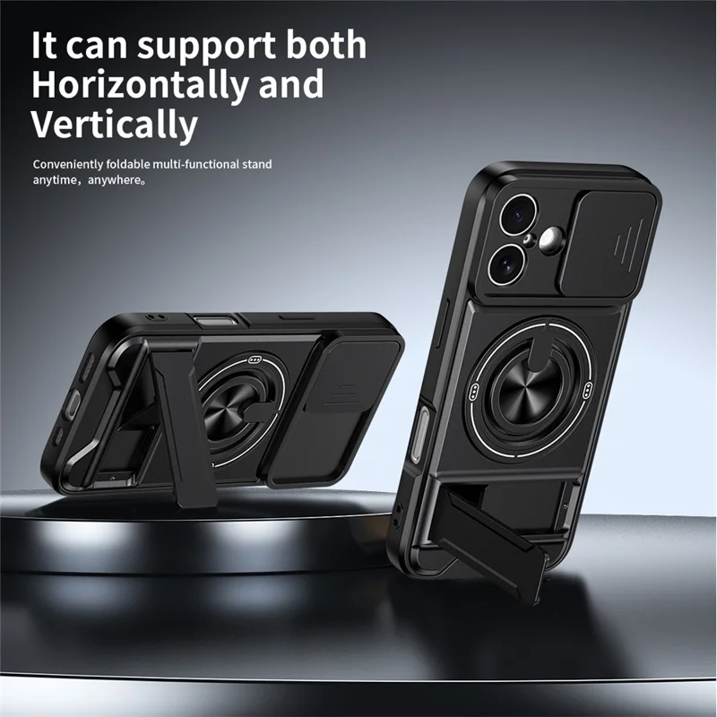 Funda para iPhone 16 Compatible con MagSafe Soporte de Anillo Plegable Funda de Teléfono TPU PC con Obturador de Lente de Cámara - Negro