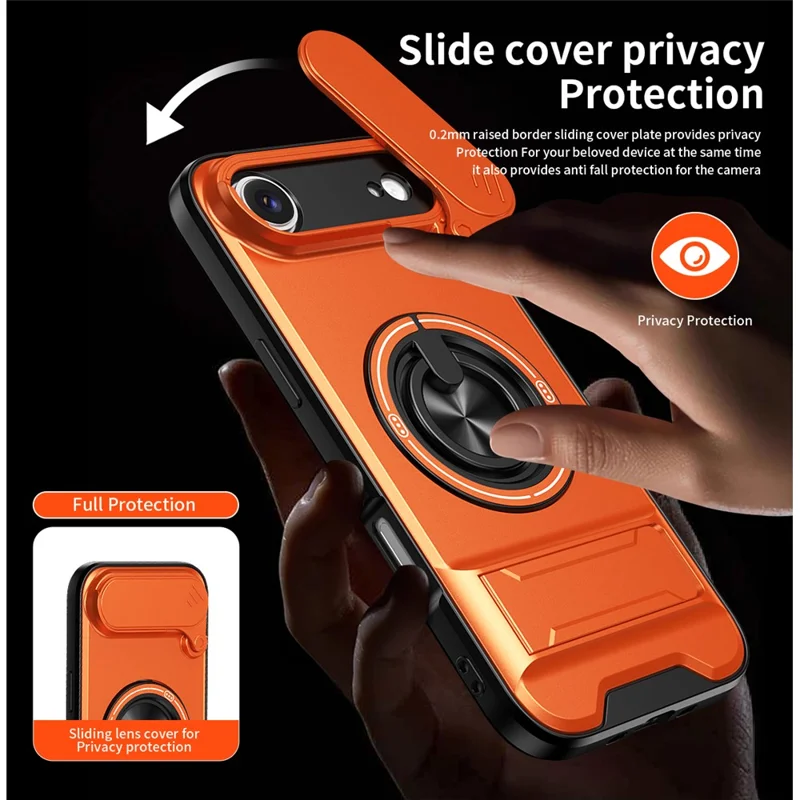 Für iPhone Air Hülle kompatibel mit MagSafe Ringhalter Klappständer TPU PC Handyhülle mit Kameraobjektivschieber - Orange