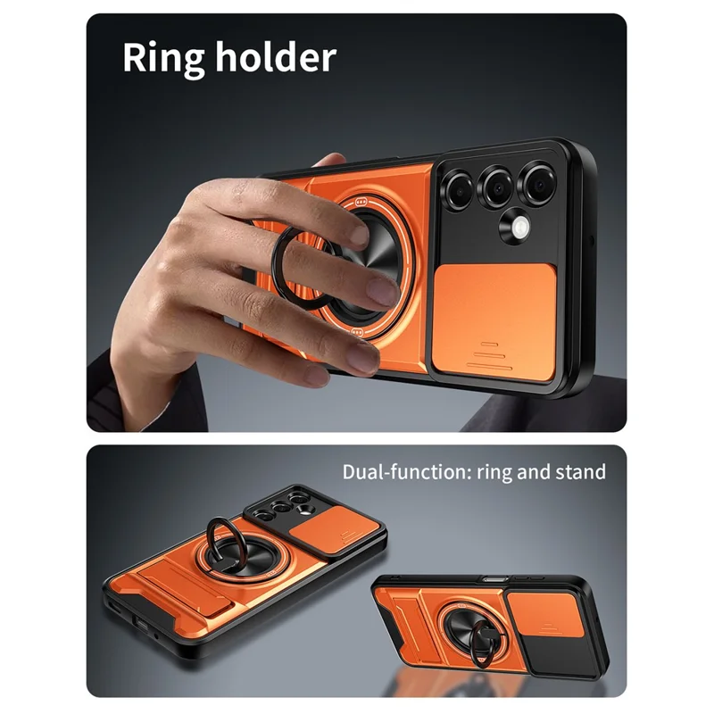 For Samsung Galaxy A37 Magnetic Case Ring Holder Foldable Kickstand TPU PC Phone Cover with Camera Lens Slider - Orange