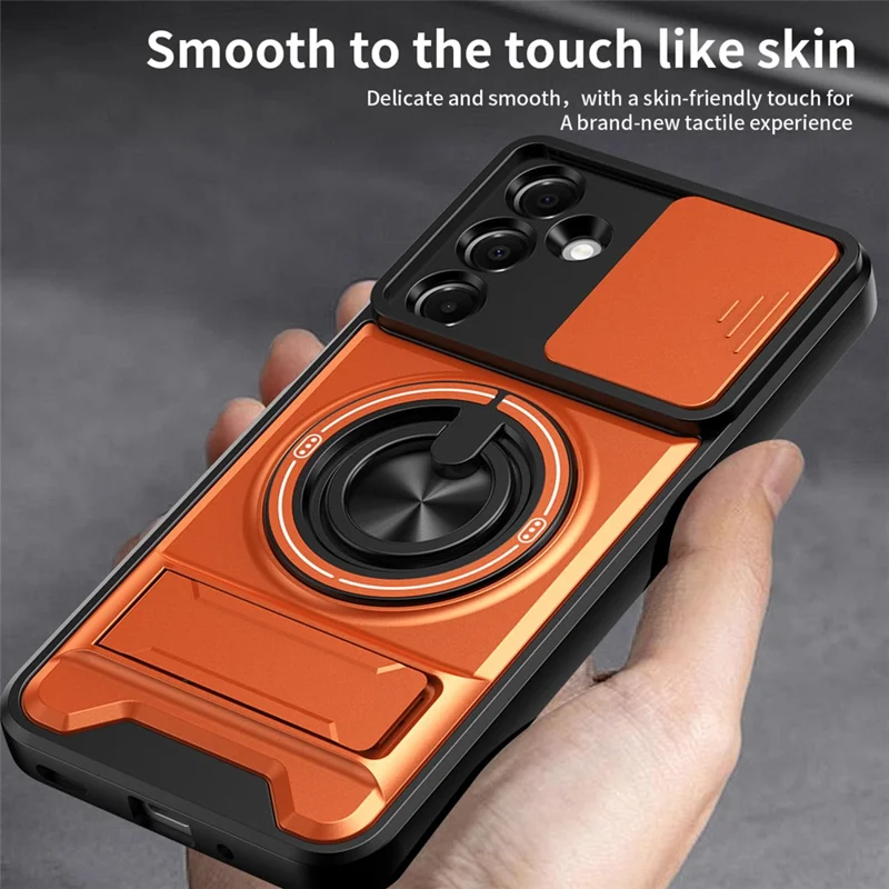 For Samsung Galaxy A37 Magnetic Case Ring Holder Foldable Kickstand TPU PC Phone Cover with Camera Lens Slider - Orange