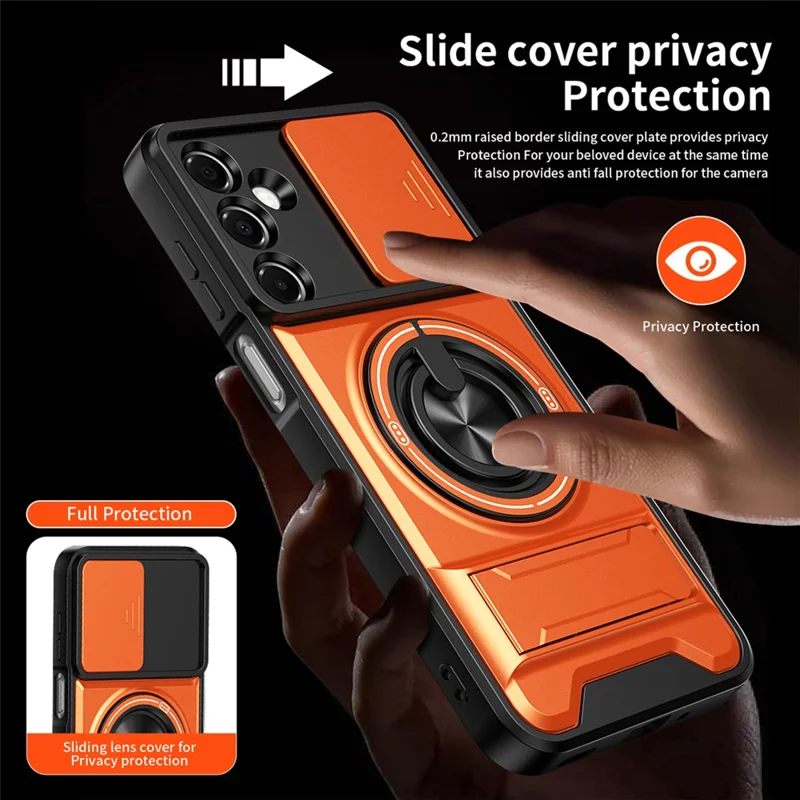 For Samsung Galaxy A37 Magnetic Case Ring Holder Foldable Kickstand TPU PC Phone Cover with Camera Lens Slider - Orange