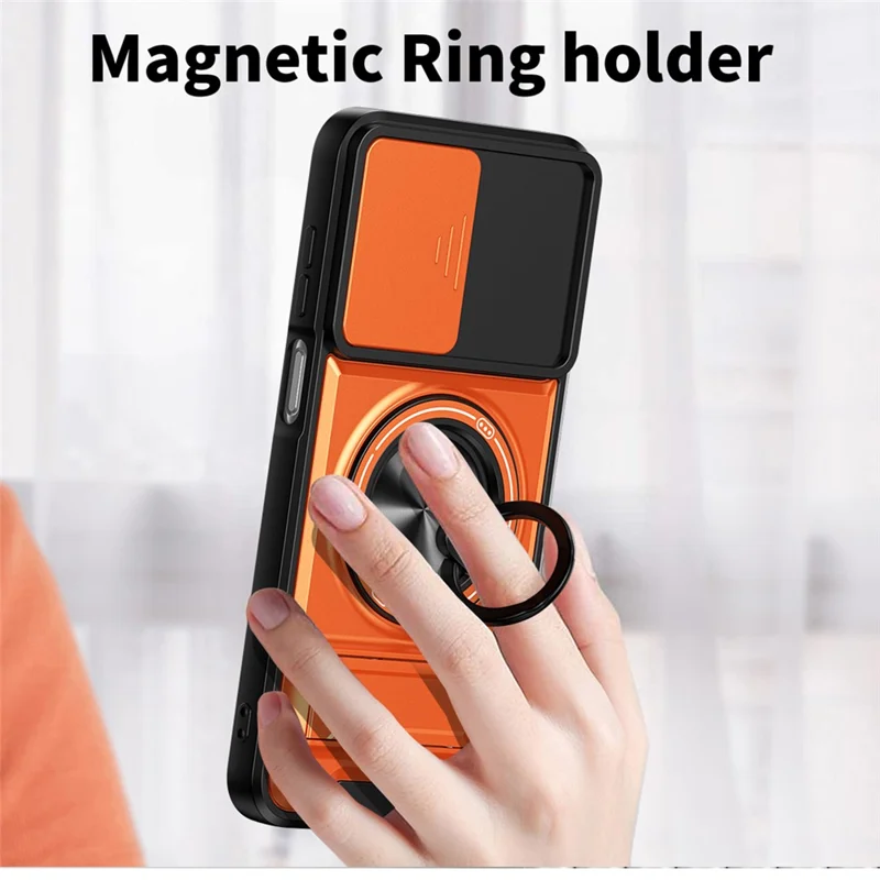 For Samsung Galaxy A37 Magnetic Case Ring Holder Foldable Kickstand TPU PC Phone Cover with Camera Lens Slider - Orange