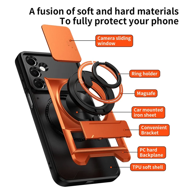 For Samsung Galaxy A17 5G  /  4G Magnetic Case Ring Holder Foldable Kickstand TPU PC Phone Cover with Camera Lens Slider - Orange