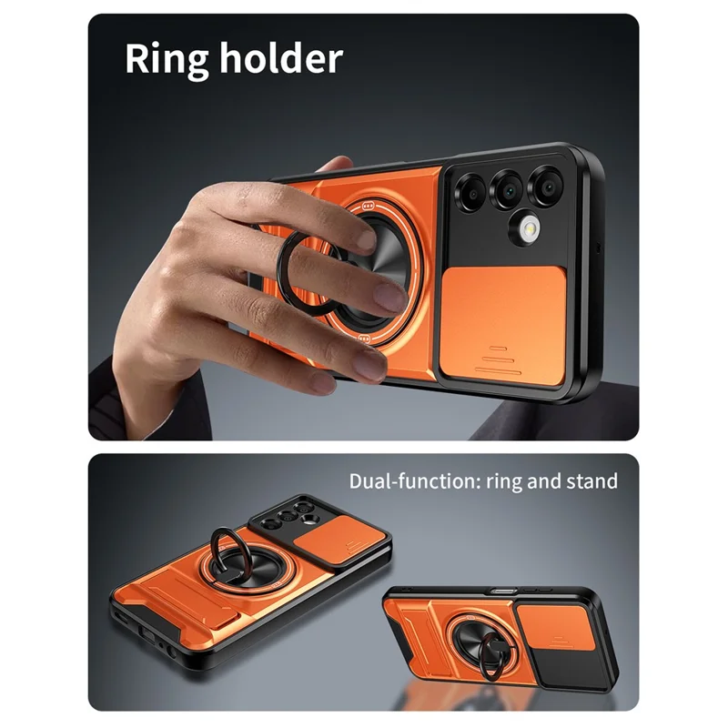 For Samsung Galaxy A15 5G  /  4G Magnetic Case Ring Holder Foldable Kickstand TPU PC Phone Cover with Camera Lens Slider - Orange