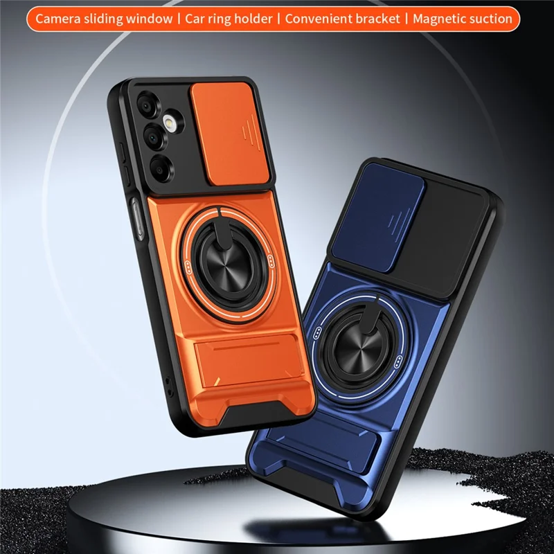 For Samsung Galaxy A15 5G  /  4G Magnetic Case Ring Holder Foldable Kickstand TPU PC Phone Cover with Camera Lens Slider - Orange
