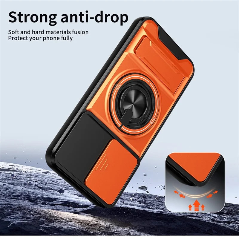 For Samsung Galaxy A15 5G  /  4G Magnetic Case Ring Holder Foldable Kickstand TPU PC Phone Cover with Camera Lens Slider - Orange