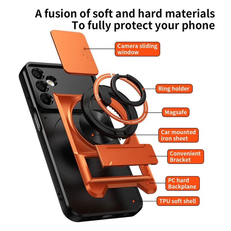 For Samsung Galaxy A15 5G  /  4G Magnetic Case Ring Holder Foldable Kickstand TPU PC Phone Cover with Camera Lens Slider - Orange