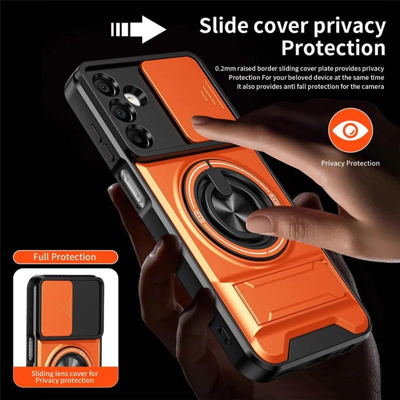 For Samsung Galaxy A15 5G  /  4G Magnetic Case Ring Holder Foldable Kickstand TPU PC Phone Cover with Camera Lens Slider - Orange